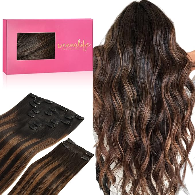 WENNALIFE Clip in Hair Extensions, 150g 22 Inch 9pcs Balayage Natural Black to Chestnut Brown Human Hair Extensions Thicker Real Human Hair Clip Set Double Weft