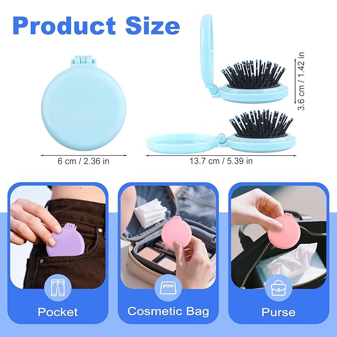 4 Colors Folding Mirror Hairbrush, 2 in 1 Compact Pocket Mirror Comb with DIY Stickers, Round Mini Pocket Makeup Mirror for Travel Women Girls (4 Pcs)