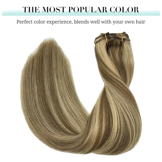 DOORES Clip in Human Hair Extensions - Ombre Medium Brown Highlighted Golden Blonde, 120g 7pcs 20 Inch Remy Straight Thick Natural Hair