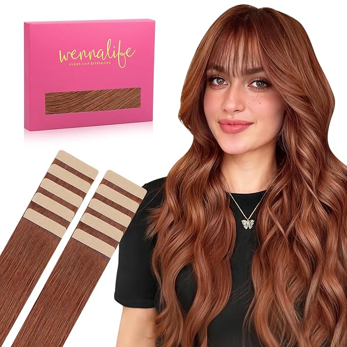 WENNALIFE Tape in Hair Extensions Human Hair Dark Auburn Copper Tape in Extensions, 10pcs 30g 24 inch Remy Invisible Tape Ins Straight Colored Soft Real Human Hair Tape in Extensions Refill Set Extens
