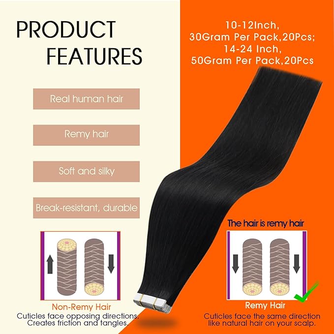Full Shine Tape in Hair Extensions Remy Human Hair 16Inch Seamless Pu Tape in Extensions Off Black Color 1B Real Hair Extension Tapes in Thick End Invisible Extension 20Pcs 50G Natural Hair Add Volume