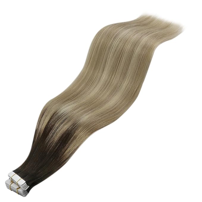 YoungSee Tape in Hair Extensions Human Hair Ombre Invisible Tape in Hair Extensions Balayage Dark Brown to Blonde Hair Extension Tape-in Human Hair 12Inch 20pcs for Short Straight Hair 30g