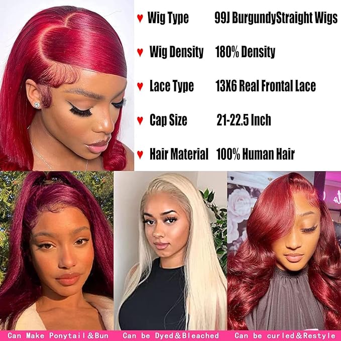 Burgundy Wig Human Hair 32inch 13x6 HD Transparent Lace Straight 99J Red Human Hair Wig Colored Reddish Brown Lace Frontal Wigs 180% Density Pre Plucked
