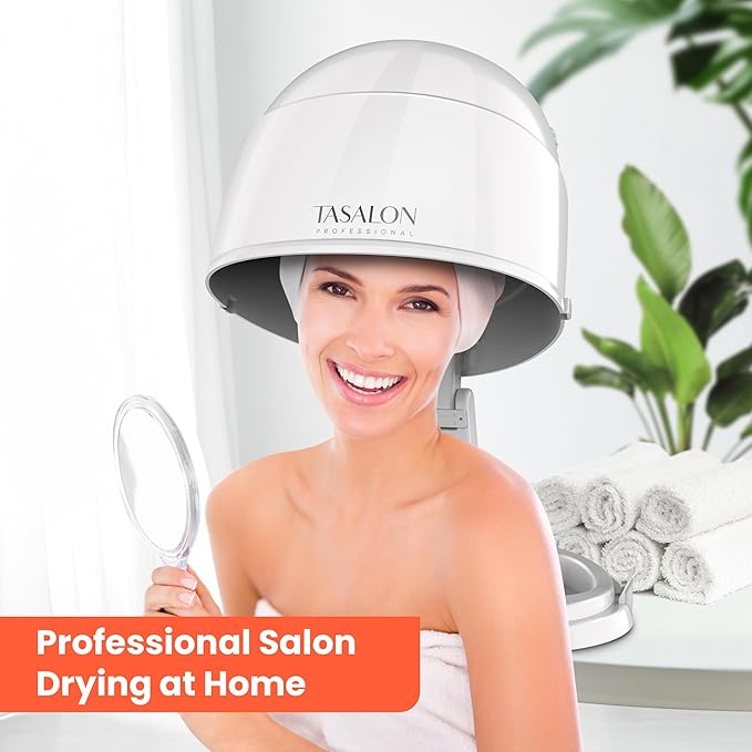 TASALON Ionic Hooded Dryer - 1875W Bonnet Dryer, 3 Heating Settings, Sit Under for Home and Salon, Portable Hair Dryer with Hood, Height Adjustable Hooded Hair Dryer- White