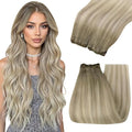 YoungSee Weft Hair Extensions Ombre Blonde Human Hair Extension Sew in Ash Blonde Roots to Platinum Blond Balayage Sew in Hair Extensions Real Human Hair for Women 16Inch 100G