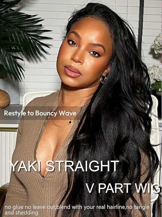 YIROO EasiContour V Part Wigs Human Hair Yaki Straight Human Hair Wigs No Leave Out Glueless Upgraded U Part Wigs for Women V Shape Clip in Vpart Wig No Sew in No Glue Beginner Friendly 18 inch