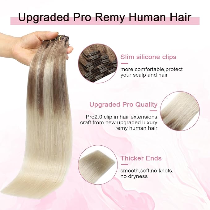 Pro2.0 Clip in Hair Extensions Real Human Hair 20inch 7pcs Color #8/60 Ash Brown to Platinum Blonde Remy Real Human Hair Extensions Clip ins 120g Thick Double Weft（#8/60-20inch）