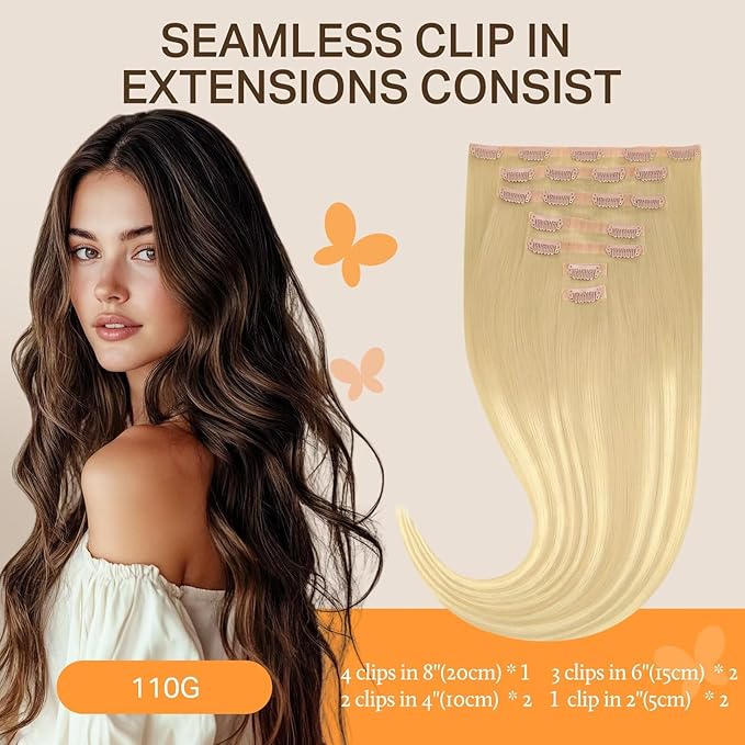 DOORES Seamless Clip in Real Human Hair Extensions - DirtyBlonde Mixed Platinum Blonde, 110g, 7pcs, 20 Inch, Invisi Edge Straight