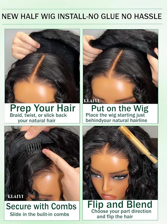 KLAIYI Water Wave 3 In 1 Flip Over 3/4 Half Wig Human Hair Curly Flip Over Seamless Blend Edges Glueless Wear and Go Drawstring Headband Clip In Wigs for Women Ready to Go Wig Beginner Friendly 26Inch