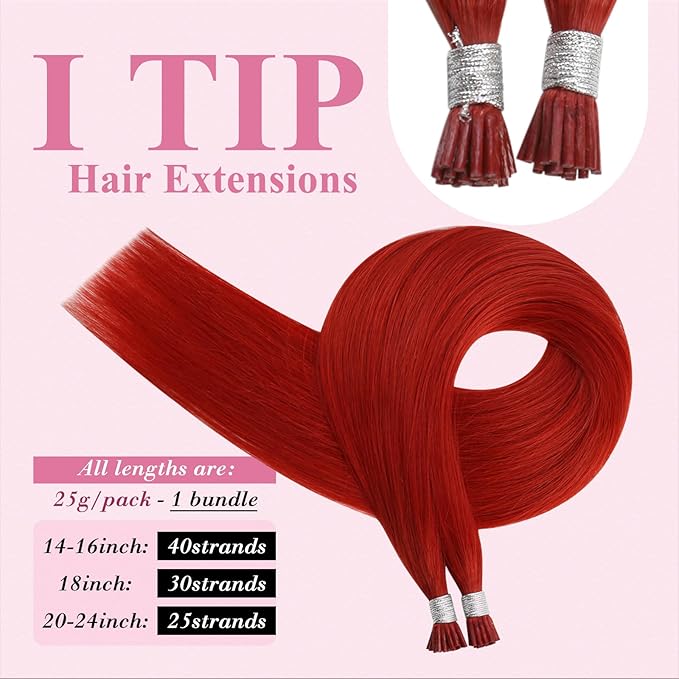 YoungSee Itip Human Hair Extensions Red I Tip Hair Extensions Human Hair Red 16Inch 40s 25g Itips Hair Extension Real Human Hair Cold Fusion Hair-Extension Colored for Party Highlights