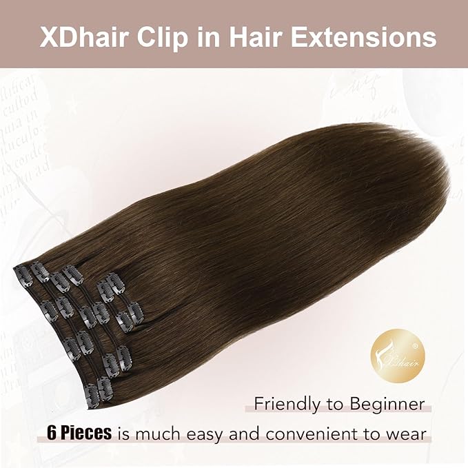 XDhair Clip in Hair Extensions 100G 6 pcs Medium Brown Clip in Hair Extensions Real Human Hair for Women Double Weft #4 14 Inch