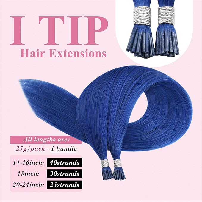 YoungSee Blue I Tips Hair Extensions 16 Inch I Tip Extensions Blue Colorful Hair Extension I Tip 40s Human Hair Extensions I Tips Experimenting with Colors for Prom 25g