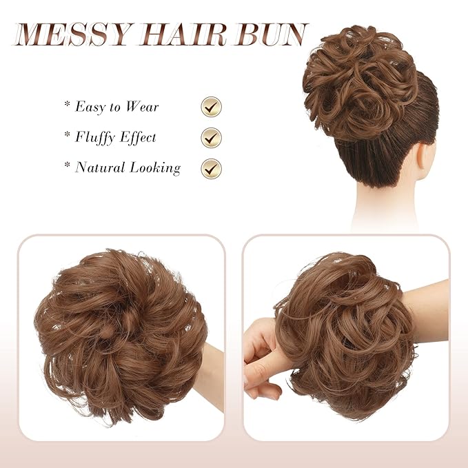 FESHFEN Messy Bun Hair Piece - Large Elastic Wavy Curly Hair Bun Scrunchies Ponytail Extensions Synthetic Chignon Hairpieces for Women, Copper Brown 1.94oz