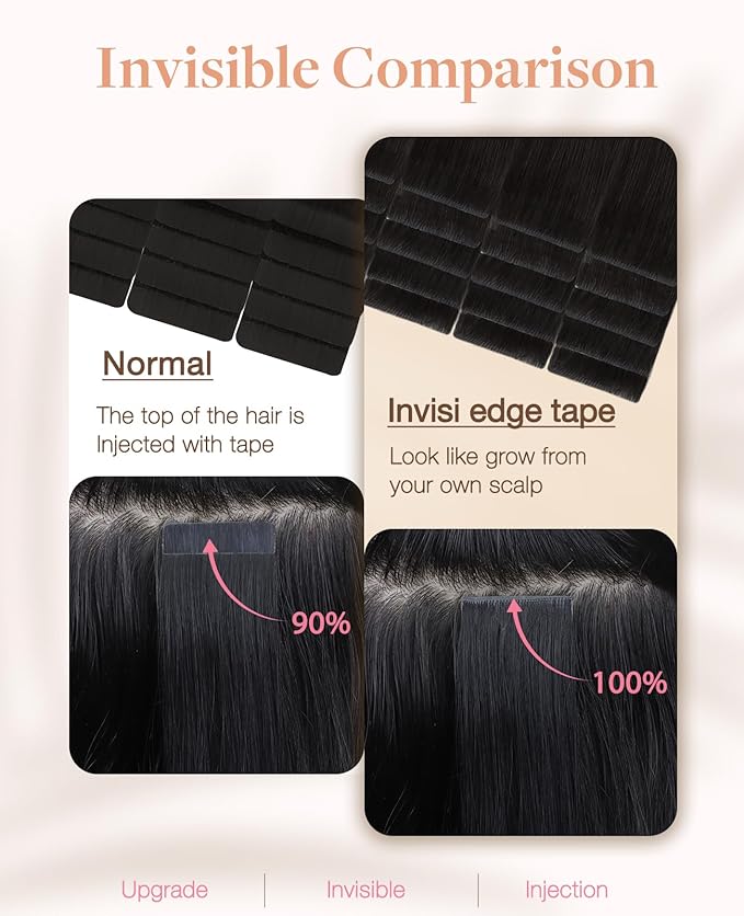 GOO GOO Invisi Edge Tape in Hair Extensions Human Hair, 1B Natural black, 6pcs 16inch 15g, Virgin Remy Hair, Seamless Injected Tape, Natural Look