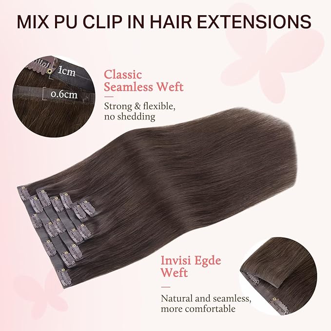 DOORES Clip in Hair Extensions Set 18 Inch 130g, 4pcs Invisi Edge Clip ins and 3pcs Classic Seamless Clip ins, Injected Virgin Real Human Hair Extensions Natural Invisible Straight, #4A