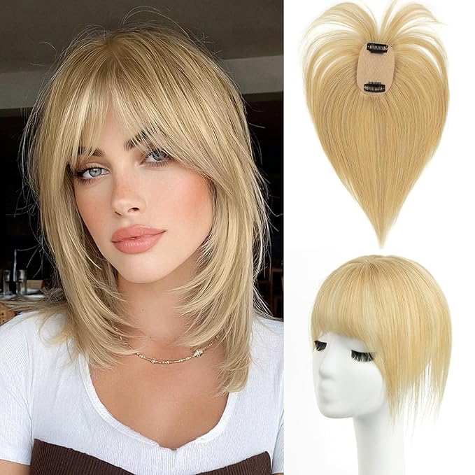 Hair Toppers for Women Real Human Hair -360°3D 10inch Topper with Bangs for Thinning Hair, Clip-in Bangs with Upgraded Silk Base, Perfect for Daily Wear(Dark Blonde#27)