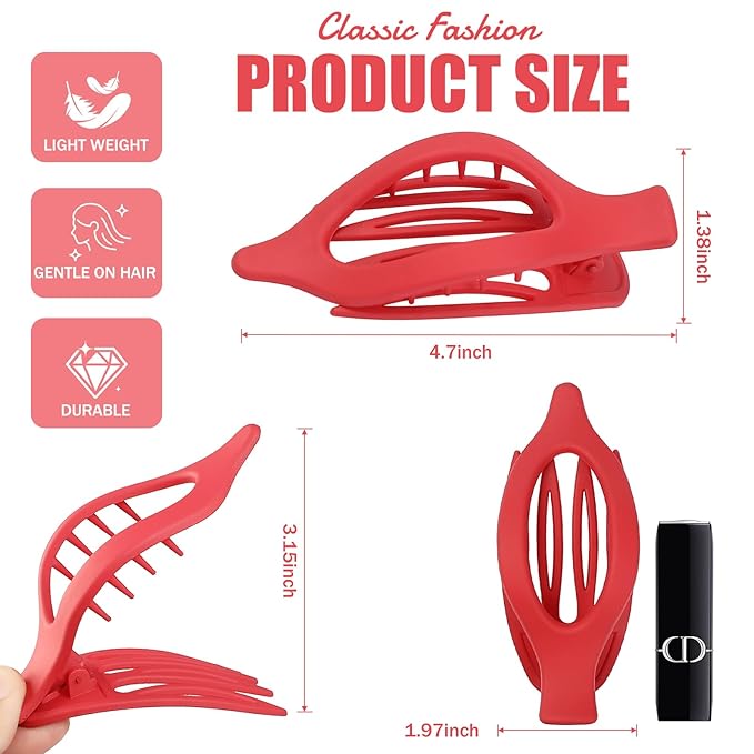 Flat Hair Clips for Women - 6 PCS French Flat Claw Clips Medium Hair Clips for Girls Large Hair Claw Clips for Thick or Thin Hair Strong Hold No Slip Hair Accessories for women (Red)