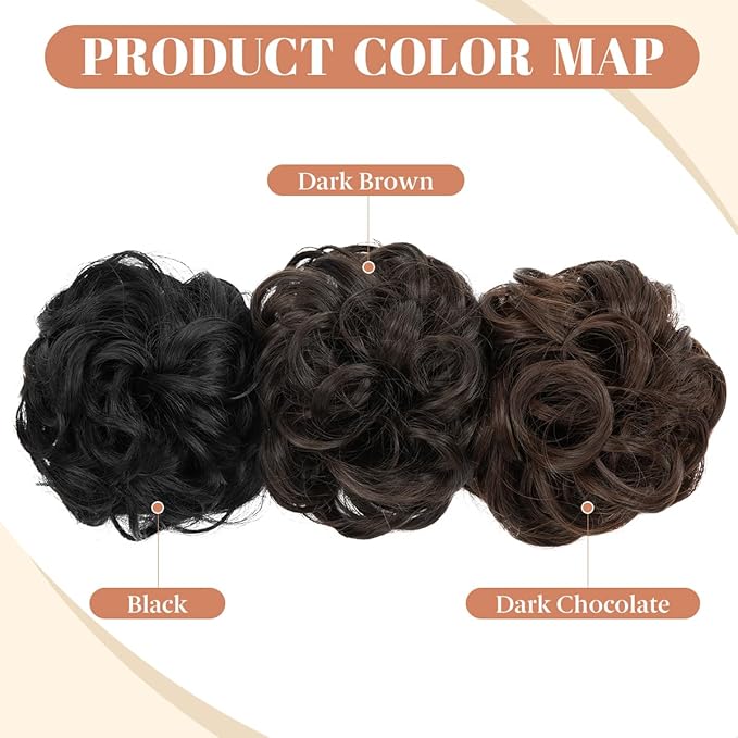 CJL HAIR 2PCS Messy Bun Hair Pieces Wavy Curly Synthetic Updo Chignon Fake Scrunchies Ponytail Extension for Women Black