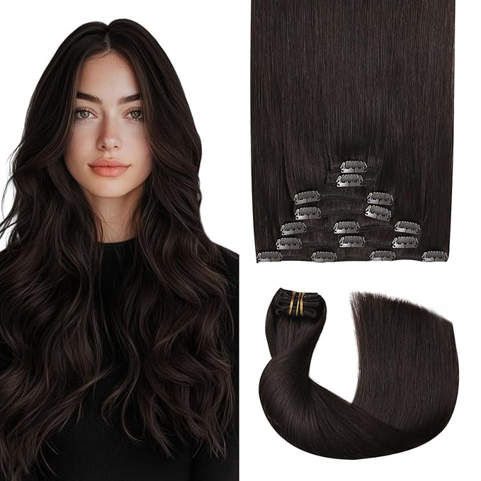 Pro2.0 Clip in Hair Extensions Real Human Hair 120g Thick 7pcs Color #2 Dark Brown Remy Real Human Hair Extensions Clip ins 14inch Seamless Double Weft for Women（#2-14inch）