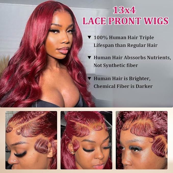 99j Burgundy Lace Front Wigs Human Hair Pre Plucked with Body Wave Lace Frontal Wigs Human Hair 200% Density Human Hair Lace Front wigs for Women HD Transparent Lace Frontal Wigs Human Hair 26inch