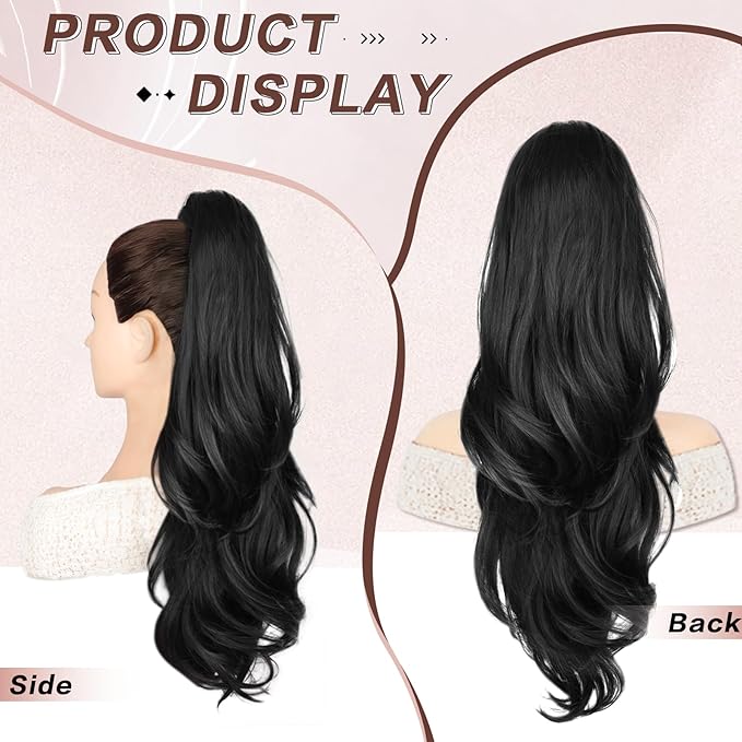 Ponytail Extension, 26 Inch Drawstring Ponytail Extension for Women Long Black Wavy Layered Pony Tails Hair Extensions Synthetic Clip in Ponytail Hairpiece for Women