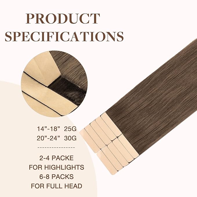 GOO GOO Tape in Hair Extensions Human Hair, 5 Light Ash Brown, 24inch 30g 10pcs, Skin Weft Seamless Invisible, Silky Straight with Thick Ends, Remy Human Hair