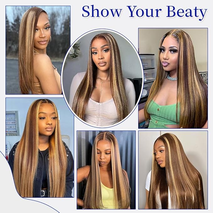 34 Inch Honey Blonde Ombre Lace Front Wig Human Hair 200 Density 13x6 HD Lace Frontal Wigs Pre Plucked Highlight Brown 4/27 Colored Straight Wigs Human Hair Pre Plucked Tangle-Free