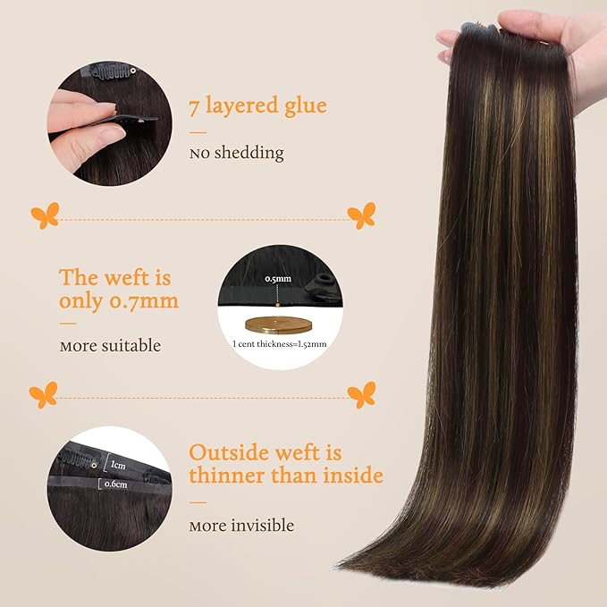 DOORES Seamless Clip in Human Hair Extensions - Dark Brown to Chestnut Brown, 7pcs 110g 20 Inch, Invisi Edge Remy Natural Straight