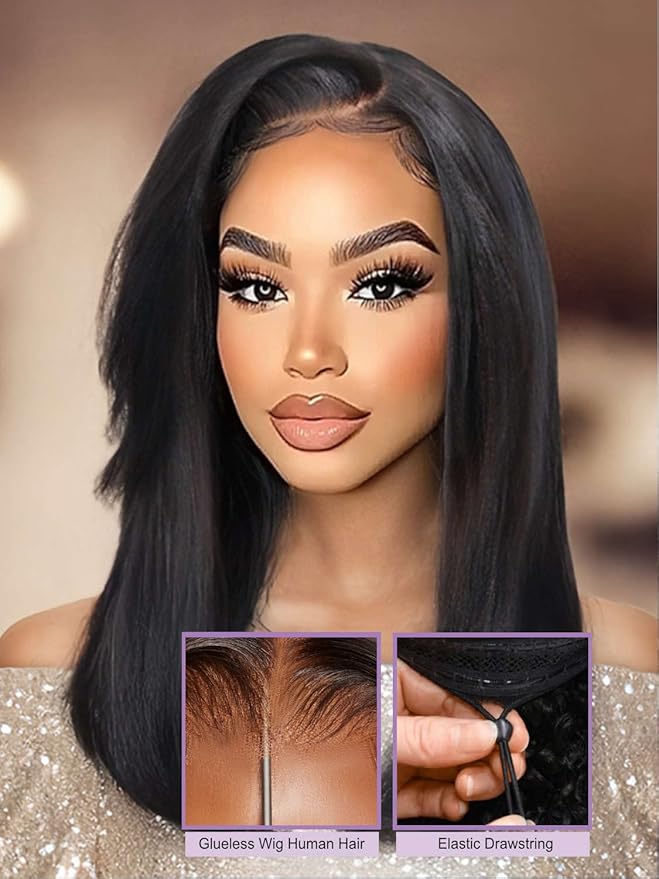 Yiroo Light Yaki Straight Wig Human Hair with Side Swept Bangs,7x5 Lace Front Bye Bye Knots Glueless Wig Human Hair Pre Plucked Pre Cut,Elastic Drawstring Wear and Go Wig for Women 150% Density 14Inch