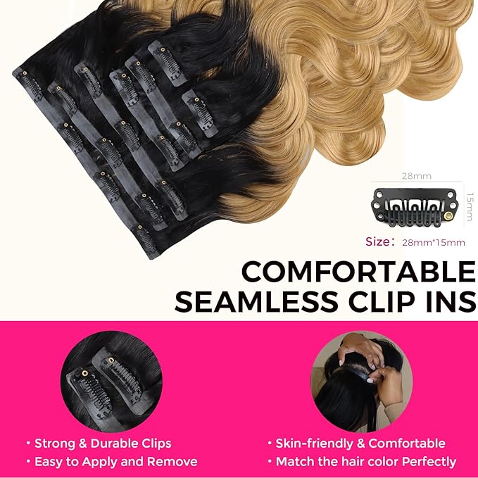Lashey Body Wave Clip in Hair Extensions Real Human Hair 110g 7pcs 16 Inch Ombre Natural Black to Honey Blonde Seamless Clip in Hair Extensions Human Hair with PU Soft Invisi Edge