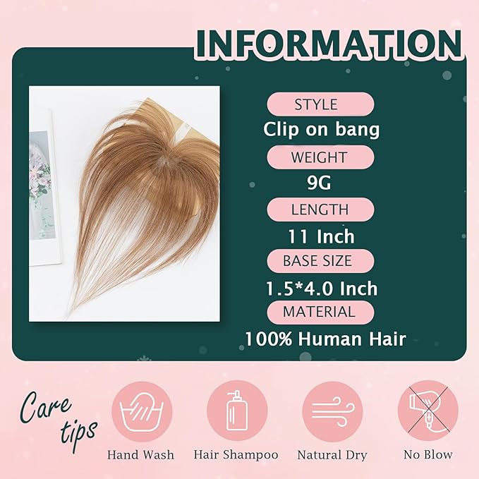 Benehair Clip on Bangs Human Hair, Front Hair Extensions for Women Hair Pieces with Temples for Daily Wear (Light Brown)