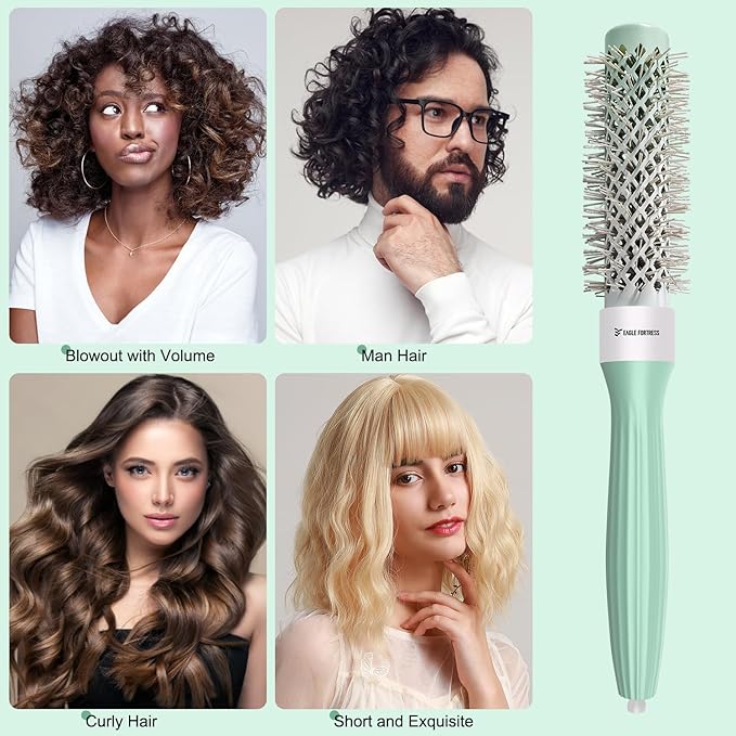 Eagle Fortress Round Brush for Blow Out, Thermal Ceramic Hair Brush for Blow Drying with Ionic Bristle for Professional Blowout Brushing - Green, 25mm