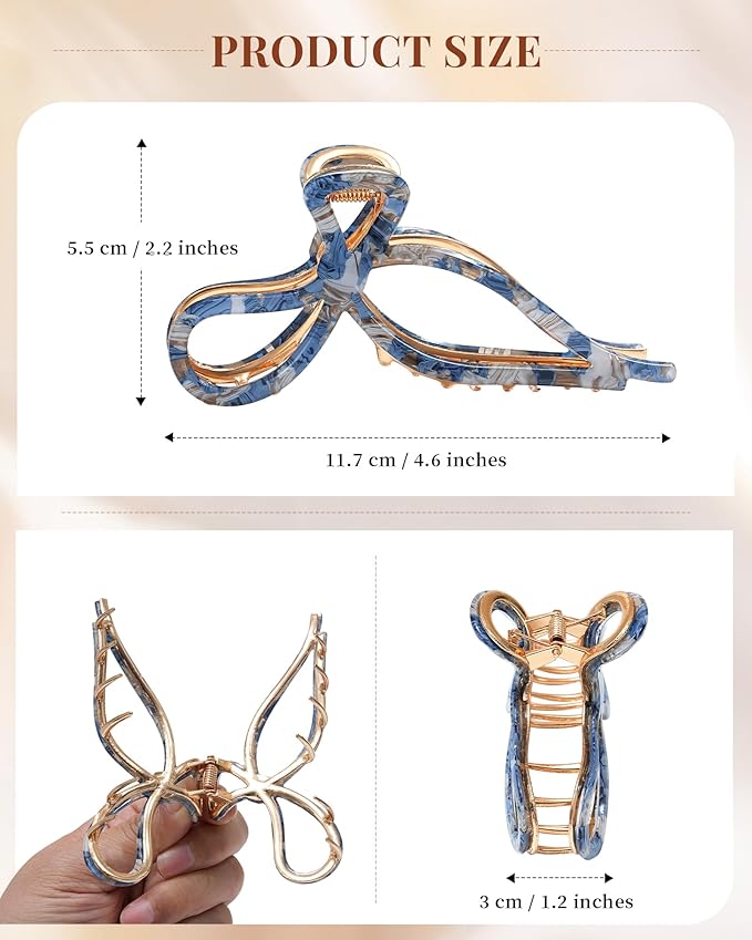ACECHA 2 Pack Gold Metal Bow Hair Claw Clips for Women, 4.5" Colorful Non-slip Hairclips for Thick Thin Hair Claws Strong Hold Styling (Checkered)