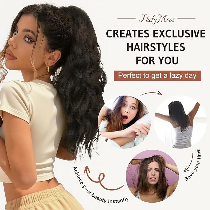 Flufymooz Ponytail Extension, 18 Inch Claw Clip Ponytail Extension, Wavy Curly Claw Clip in Pony Tail Hair Extensions, Pony Tail Synthetic Hairpiece for Women (Honey Blonde with Blonde Highlights)