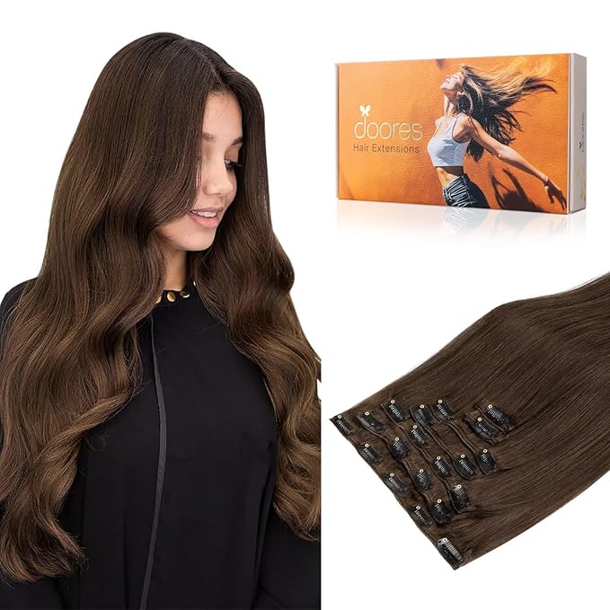 DOORES Hair Extensions Clip in, Chocolate Brown 100g 7pcs 14 Inch, Clip in Remy Human Hair Extensions Straight Natural Weft