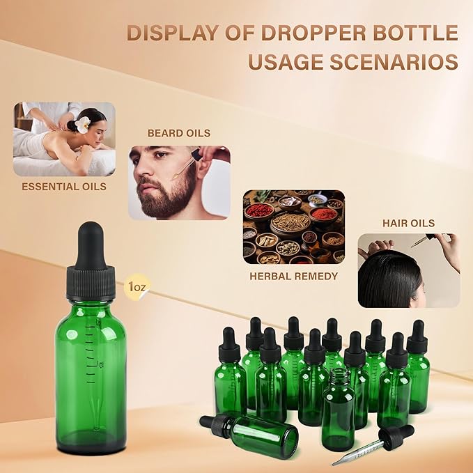 12 Pcs, 1oz Dropper Bottle, Green Glass Eye Dropper Bottle,Tincture Bottles with Dropper, Leak-Proof Design, Stronger Suction, for All Kinds of Mixed Liquids