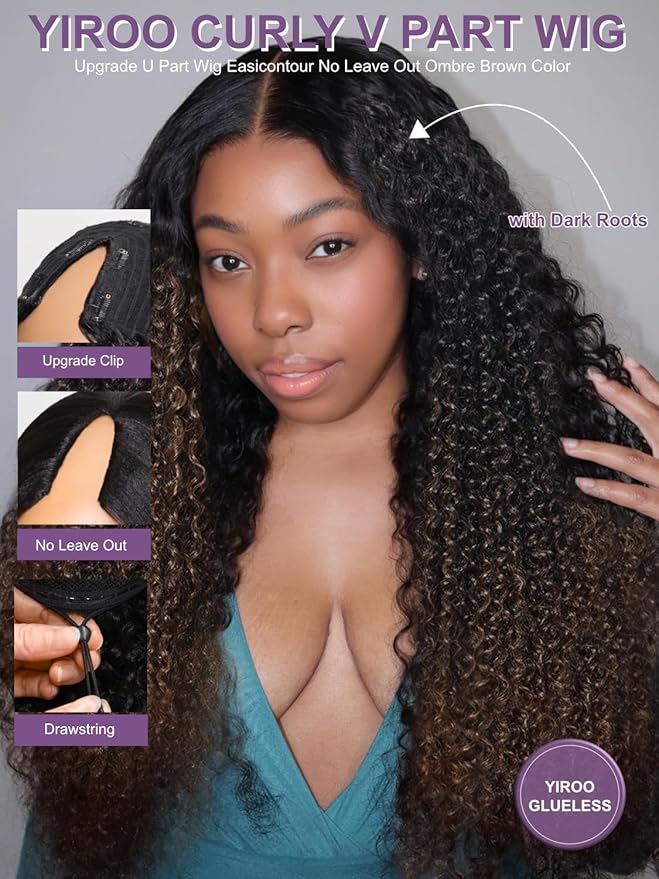 YIROO EasiContour V Part Ombre Brown Human Hair Wig Curly 12A Glueless Upgrade U Part Wig Ombre Black to Chestnut Brown No Leave Out V Shape Clip Wigs Ready to Go 150% Density Beginner Friendly 22Inch