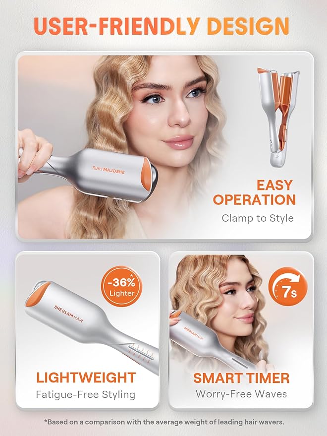 SHEGLAM Hair Beach Babe Hair Waver 2 Barrel Crimper 1 Inch with Smart Timer & Adjustable Temps Dual Voltage, Anti-Scald, Easy to Use