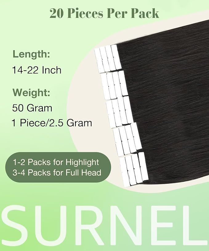 SURNEL Tape in Hair Extensions Double Drawn Remy Tape in Hair Extensions Human Hair Color 1B Off Black 18 inch 20pcs 50g(#1B-18)