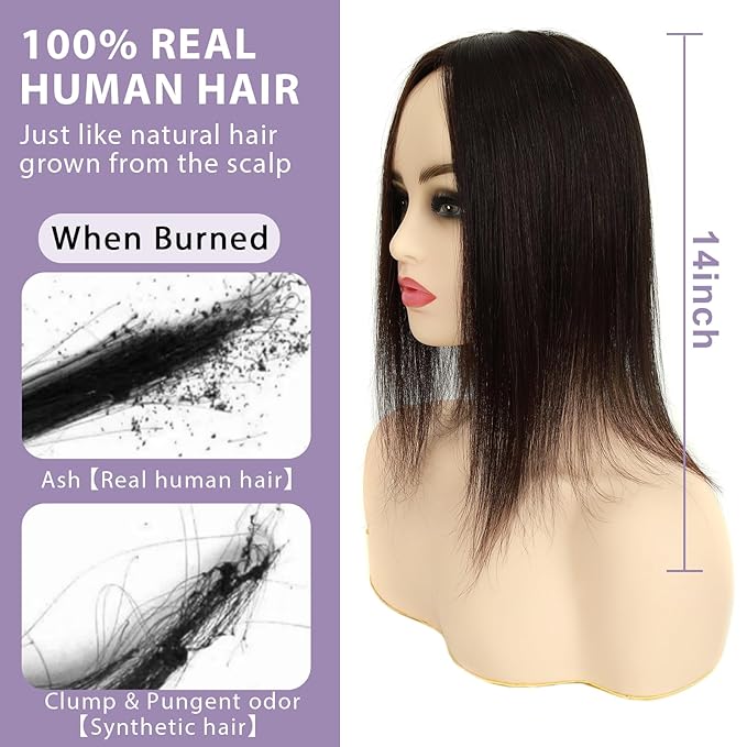 Hair Toppers for Women Real Human Hair, 3x5 Inch Injected Silk Base No Bangs 14 Inch Length 130% Density Hairpieces #1C Natural Black (Subtle Red Undertones in Sunlight)