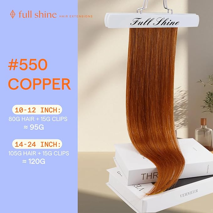 Full Shine Copper Human Hair Clip in Extensions 18 Inch Copper Orange Hair Extensions Clip ins Invisible Remy Hair Extensions Straight for Raving 7 Pcs 120 G