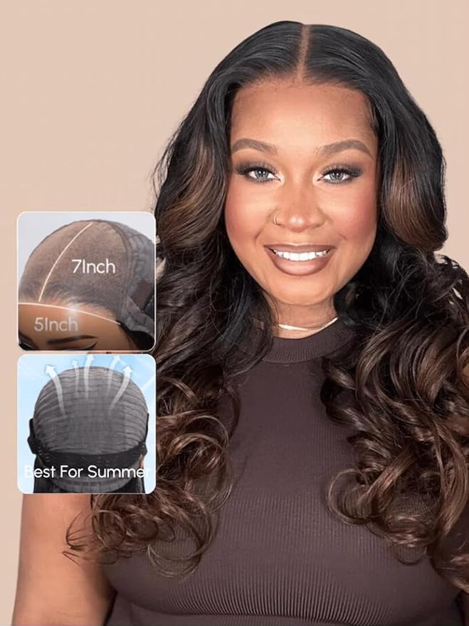 KLAIYI Ombre Brown Body Wave Bye Bye Knots Glueless Wig Pre Cut 7x5 HD Lace Front Wigs Human Hair Chestnut Brown Loose Wave Pre Plucked Bleached Wear and Go Wig with Dark Roots 30S Ready to Go 26Inch