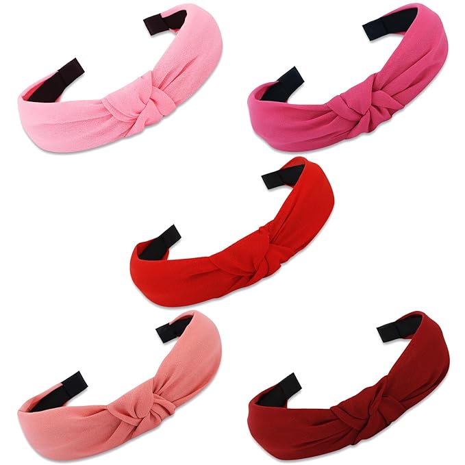 VELSCRUN 5 Pcs Wide Boho Knot Turban Headbands - Elastic Hair Accessories for Women and Girls, Pink, Red