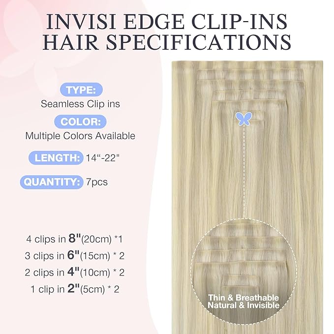 DOORES Clip in Hair Extensions Real Human Hair 18 inch 110g 7pcs Invisible Human Hair Extensions Clip ins, Injected Seamless PU Clipins Invisi Edge, 17/60 Ash Blonde Highlighted Platinum Blonde