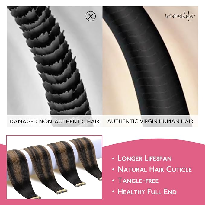 WENNALIFE Tape in Hair Extensions Human Hair Balayage Natural Black to Chestnut Brown Tape in Extensions, 10pcs 25g 18 inch Remy Invisible Tape Ins Straight Soft Real Human Hair Tape in Extensions