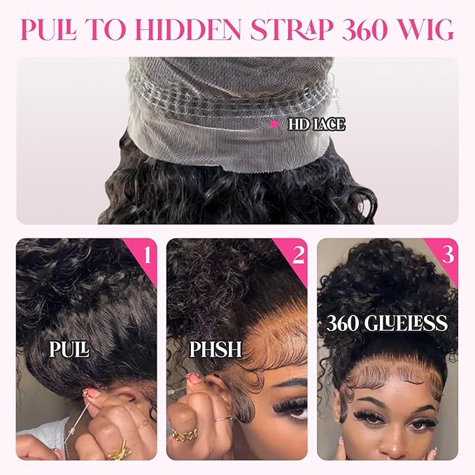360 Glueless Drawstring Wig Human Hair 20 Inch Pre Plucked Hidden Strap 360 Water Wave Lace Front Wigs,180% Density Curly Wet and Wavy HD Full 360 Lace Frontal Human Hair Wig