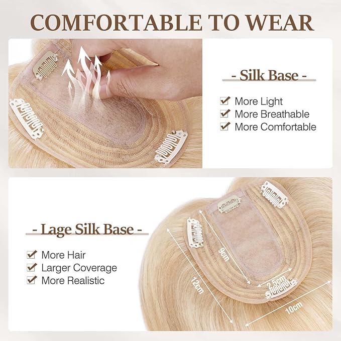 Rich Choices Hair Toppers for Women Real Human Hair 100% Human Remy Toppers NO Bangs with Thinning on Top Clip in Hairpiece 4"x4.7"Lace Base 12 Inch #18P613 Ash Blonde Highlights Bleach Blonde