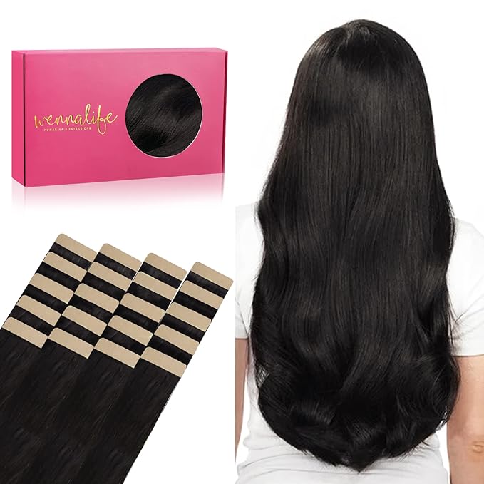 WENNALIFE Tape in Hair Extensions Human Hair, 20pcs 60g 26 inch Natural Black Remy Hair Extensions Straight Human Hair Tape in Extensions Skin Weft Tape Extensions Human Hair