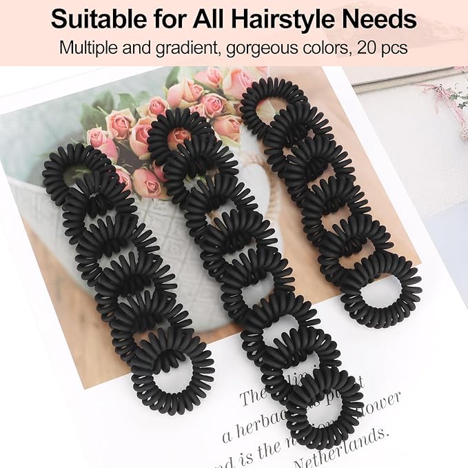 JessLab Spiral Hair Ties, 20 Pcs Traceless Phone Cord Hair Ties No Crease Spiral Bracelet Plastic Coil Ponytail Holders No-Damage Headband Hair Accessory for Girls Women Ladies Gift, Black Matte