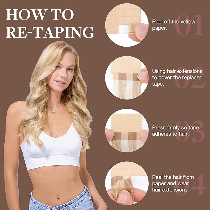 GOO GOO Tape in Hair Extensions Human Hair, 18A/613A Dark Blonde Highlighted Bleach Blonde, 16inch 50g 20pcs, Skin Weft Seamless Invisible, Silky Straight with Thick Ends, Remy Human Hair